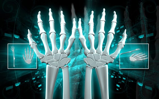 Digital illustration of hand bone in colour background