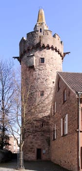 The "Red Tower"",which dates back to the 14th century,served the city of Weinheim as a prison tower until the 19th century. Its name comes from the fact that the pyramid cone above the crenellated wreath once had a red tiled roof."