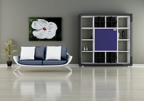 modern interior (3D render) -  Sofa With Bookshelf