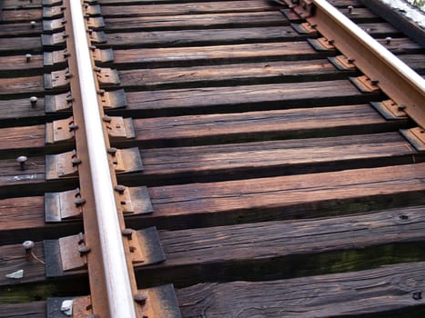 Close up view of weathered train track rails.