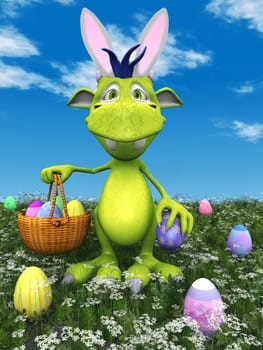 A cute friendly cartoon monster holding an easter basket in his hand. He is standing in a meadow with easter eggs scattered around him on the ground. The monster is green with blue hair and he is wearing bunny ears.