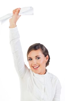 Happy young businesswoman raises her hand with a document