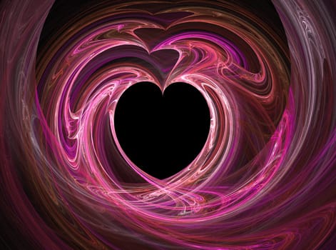 A black heart surrounded by swirls of pink and purple.