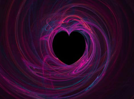 Black heart with multicolored swirls of pink, blue,  and purple