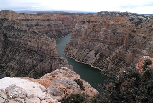 Devil Canyon overlook at Bighorn Canyon National Recreation Area that stretches from Montana to Wyoming between the Pryor Mountain Range and the Bighorn mountains inside the Crow Indian Reservation.