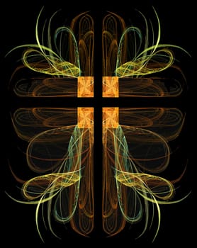Fractal crucifix with hearts in green, gold and orange on a black background.