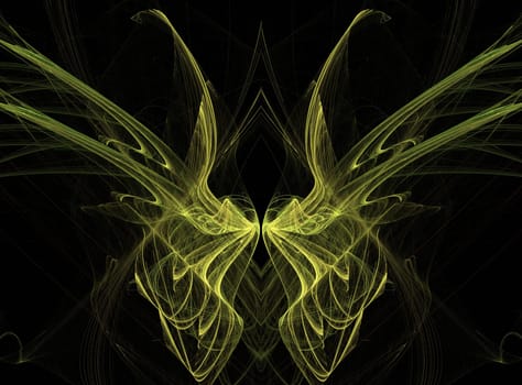 Abstract fractal illusion of yellow butterfly wings on a black background.