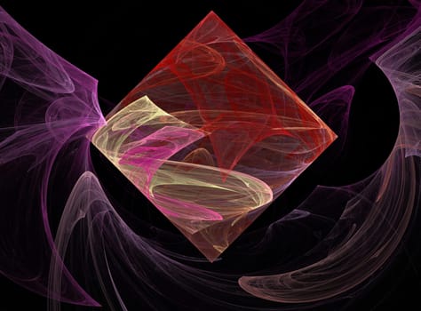 Pink, red, and beige fractal square or diamond floating in smoky waves of lavender on a black background.