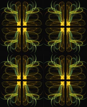 Seamless wallpaper, textile pattern or background in yellows, golds and browns on a black background.