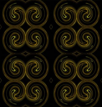 Seamless continuous background, textile pattern or wallpaper in yellow and brown on a black background that looks like rams horns.