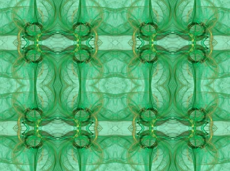 Seamless abstract fractal wallpaper, textile pattern or background, in green, mint green and gold or tan.