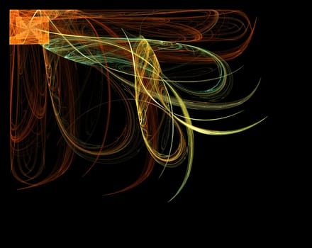 Multi-colored fractal corner design with black copy space, and designs that look like ribbons, and a jewel or pinwheel.