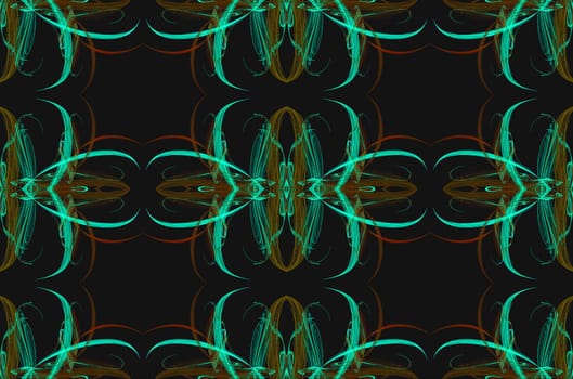 Seamless background, textile pattern or wallpaper in greens, red and browns on a black background.