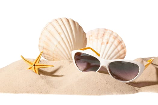 shell and sunglasses on beach, isolated on a white background,with a lot of copy-space