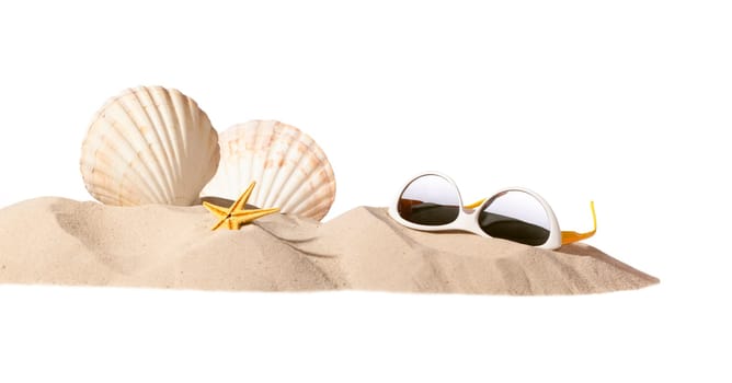 shell and sunglasses on beach, isolated on a white background,with a lot of copy-space