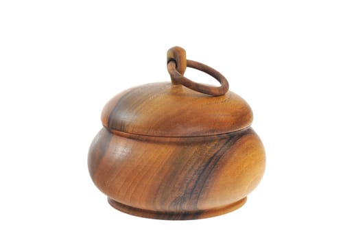 Old wooden sugar bowl isolated on white