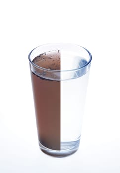 Clean and dirty water in one glass isolated on white background