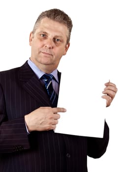 Portrait of a mature businessman whith blank card in a hand isolated on white background
