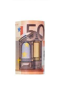 Rolled up fifty euro isolated on white Background