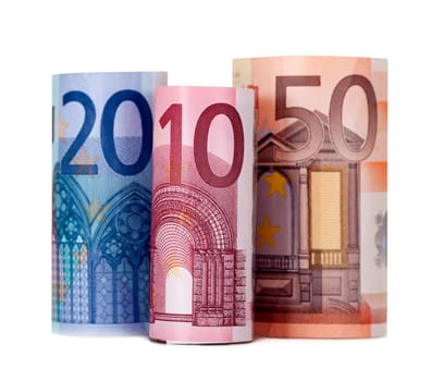 Rolled up eighty euro isolated on white background