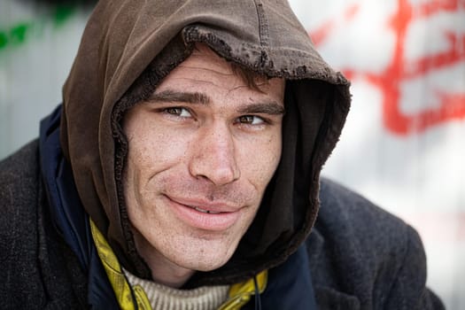 Homeless man friendly with a smile