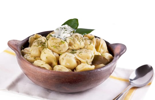 Traditional Russian dish – “pelmeni”. Siberian meat dumplings.