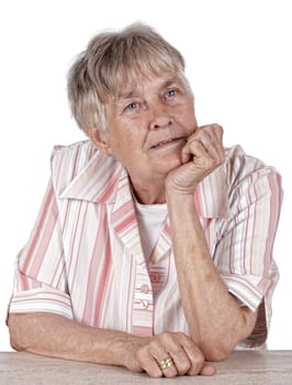 Great Grandmother with Hand On Chin portrait on white background