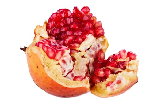 ripe, and fresh half and full pomegranate isolated on white