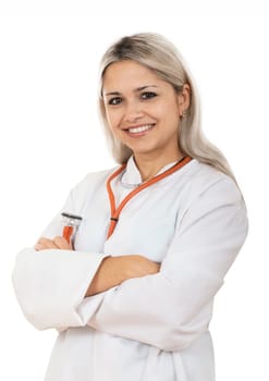 Caring doctor smiles confidently. Isolated on white.