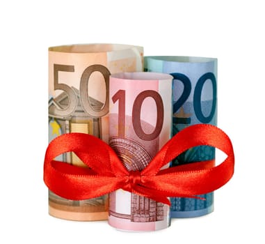 Rolled up eighty euro with red ribbon isolated on white background