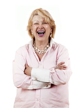 Portrait of a successful senior woman standing with arms crossed isolated on white background