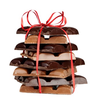 chocolate stack present with red ribbon isolated on white background
