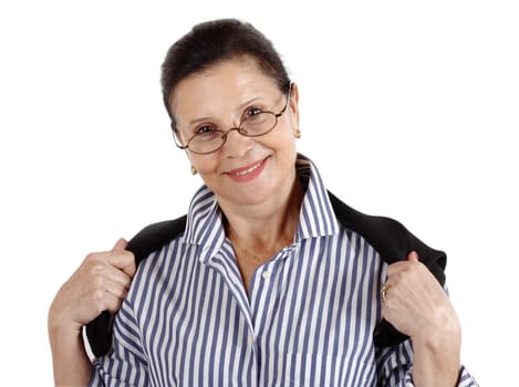 Portrait of a brunette woman wearing a pair of dark rimmed eyeglasses with a great smile on her face