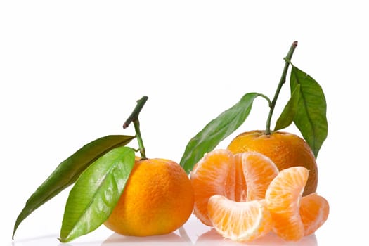 Mandarin oranges with leaves isolated on a white background