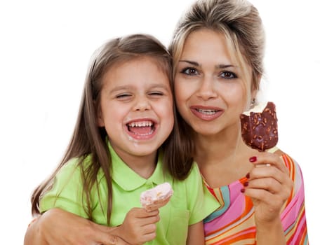 Mother And Daughter eating Ice Cream isolated on white