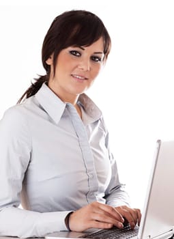 office worker with a computer on white background.
