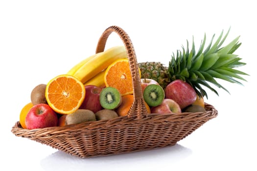 Fresh fruit in the basket against a white background