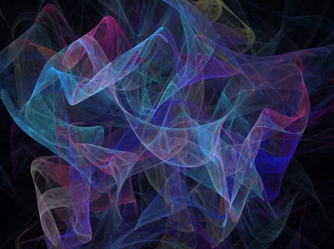 Multi-colored swirling transparent fabric fractal in shades of blue.