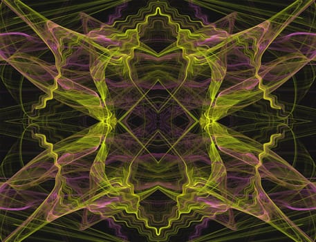 Continuous textile pattern or background in yellow and pink with a black background.