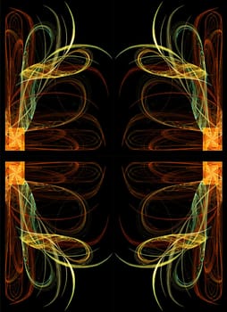 Continuous fractal design in greens, golds and orange on a black background.