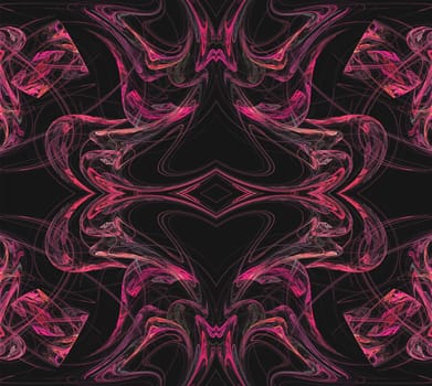 Continuous fractal textile pattern in pinks on a black background.