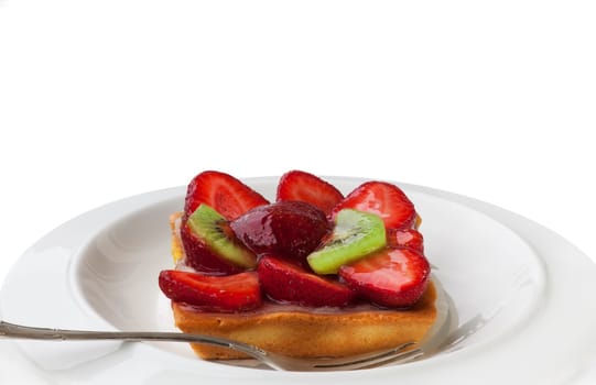strawberry cake with kiwi on Plate isolated on White