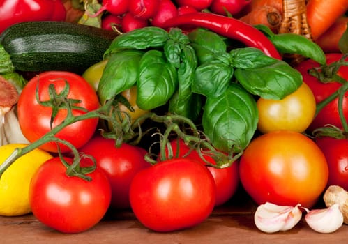 Fresh garden vegetables on garden table