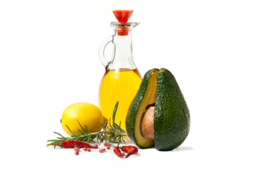 Avocado with olive oil and ingredients cut-out