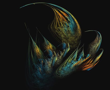 Fractal in multi-colored shades of orange and teal in the shape of flower buds with a feather texture.
