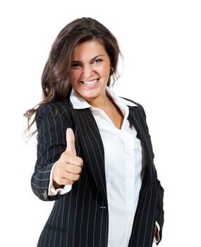 Business young woman gives the thumbs up.