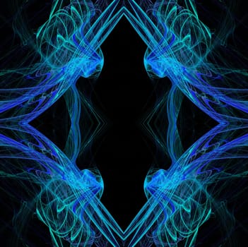 Diamond shaped continuous fractal pattern in blue and teal on a black background.