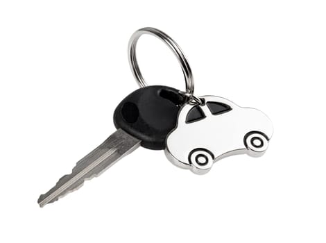 A silver car on a key ring isolated on white background