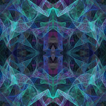 Transparent fractal layers of teal, blue and pink in a continuous textile style pattern or background.