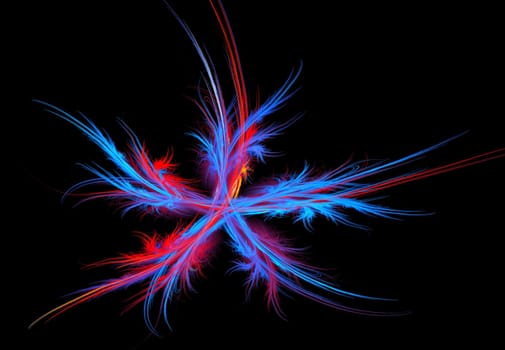Feathery multi-colored fractal star in pastel shades on a black background.